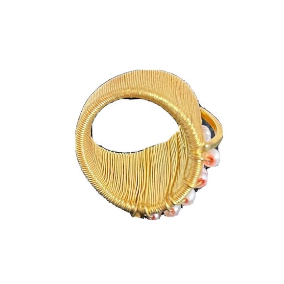 Artisan Gold Tone Wire Wrapped Wide Band Ring with Pink Freshwater Seed Pearls - Picture 8 of 10
